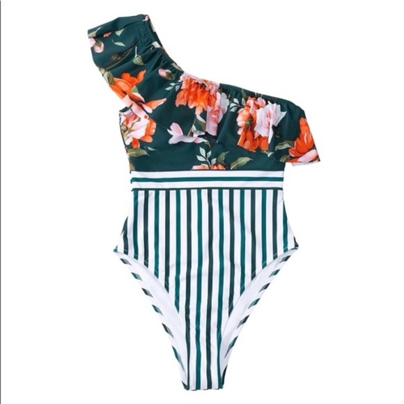 Cupshe Ellis Riviera Floral & Stripes Ruffled Asymmetrical Swimsuit - Picture 8 of 9